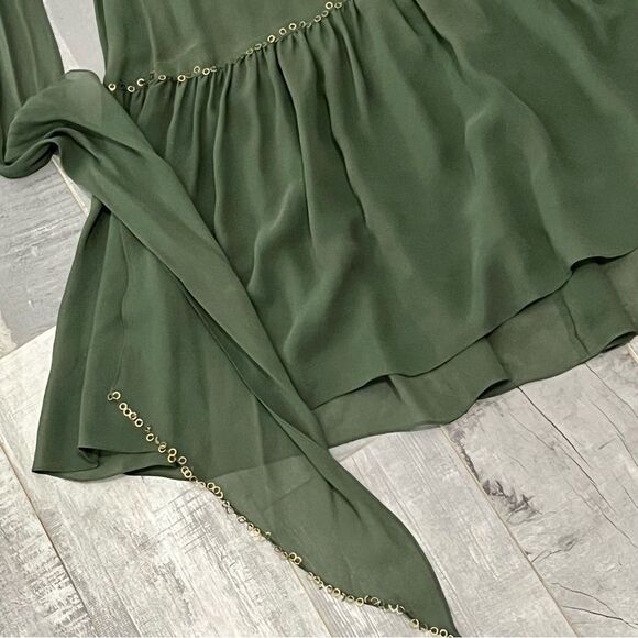 Y2K BCBG Maxaria Boho Green 100% Silk Chiffon Sequin Ruched Halter Dress 10 L - Picture 16 of 16